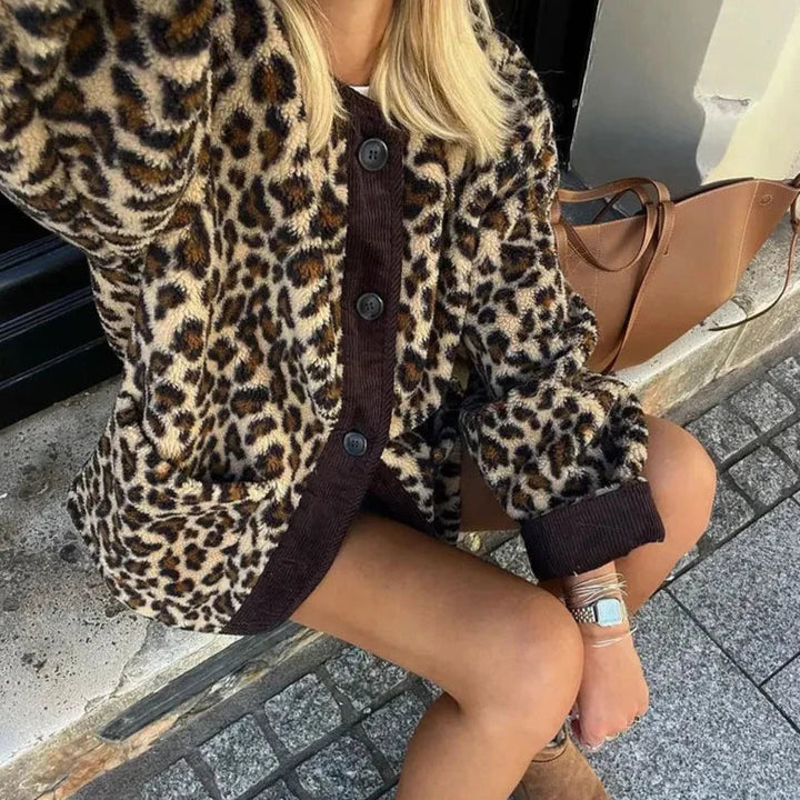 Women's Leopard Print Cardigan with Contrast Trim and Button Front