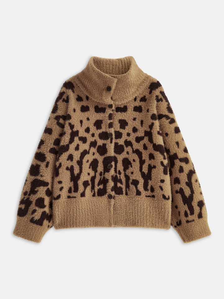 Women’s Leopard Print Fuzzy Knit Cardigan with High Neckline