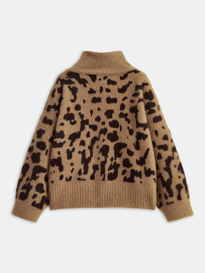 Women’s Leopard Print Fuzzy Knit Cardigan with High Neckline