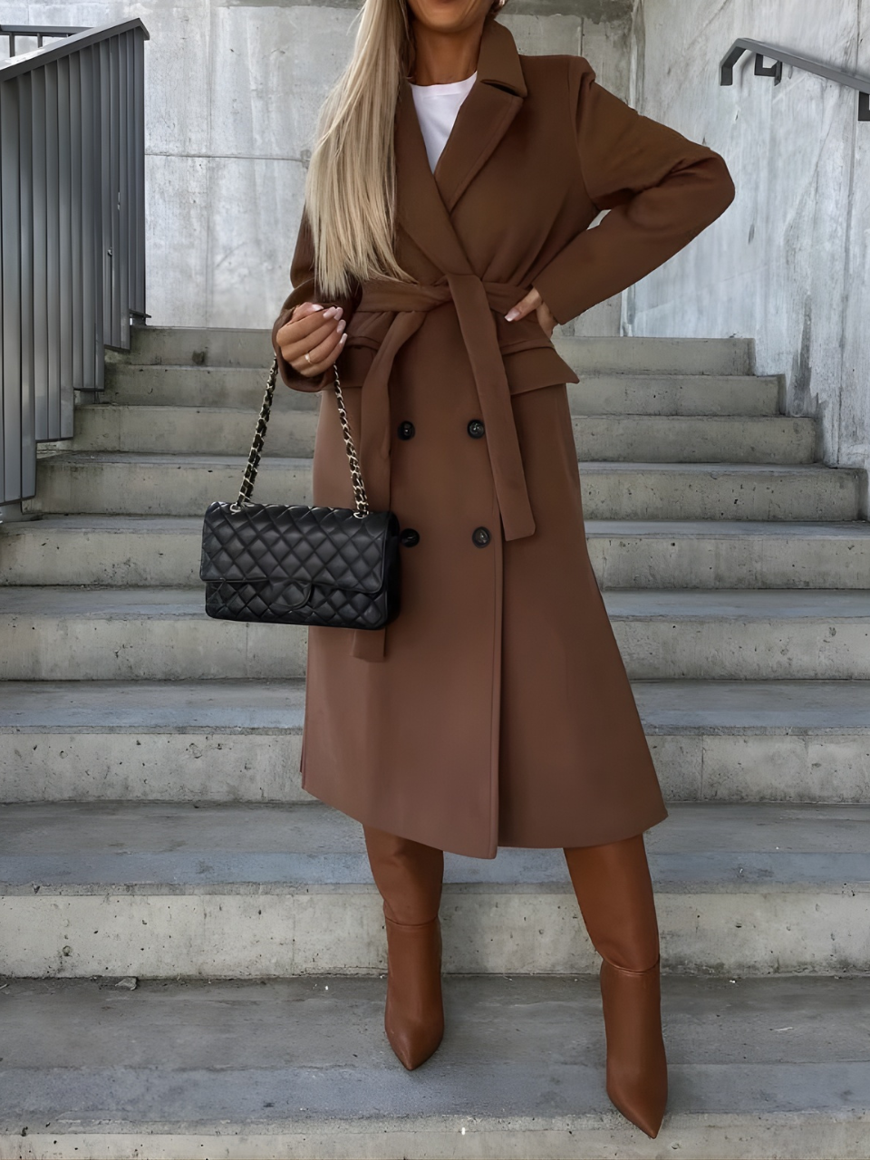 Women's Long Double-Row Button Coat with Belted Front