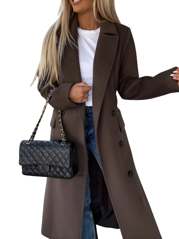 Women's Long Double-Row Button Coat with Belted Front