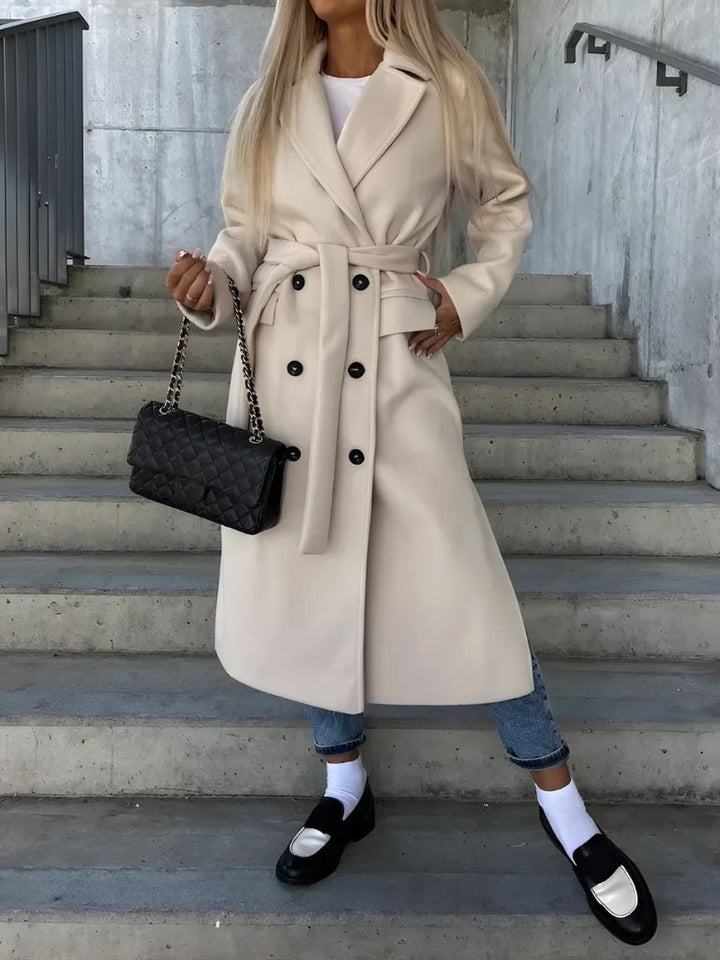 Women's Long Double-Row Button Coat with Belted Front