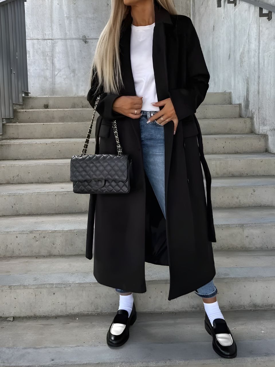 Women's Long Double-Row Button Coat with Belted Front