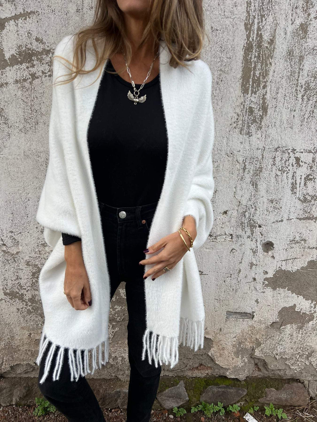 Women's Long Open Jacket with Fringe Edges