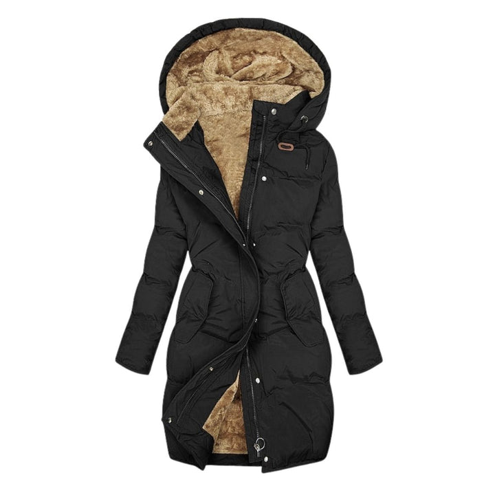 Women's Long Padded Hooded Winter Coat with Zip and Button