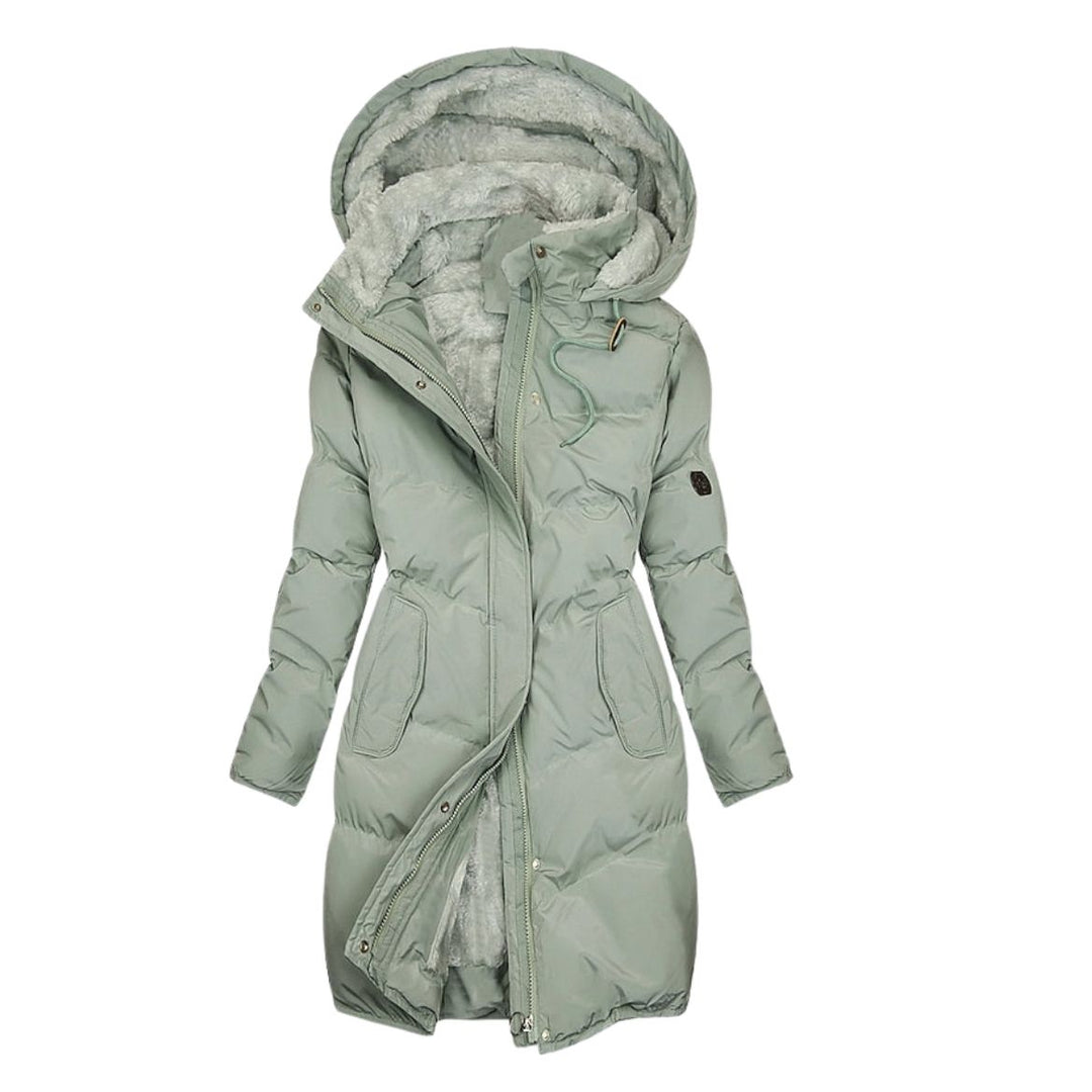 Women's Long Padded Hooded Winter Coat with Zip and Button