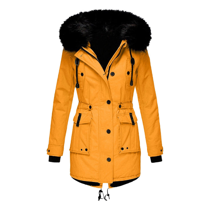Women's Long Padded Jacket with Fur Hood and Drawcord Hem