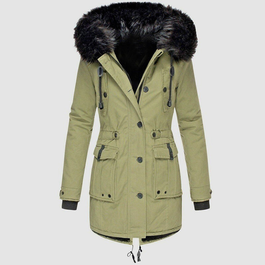 Women's Long Padded Jacket with Fur Hood and Drawcord Hem