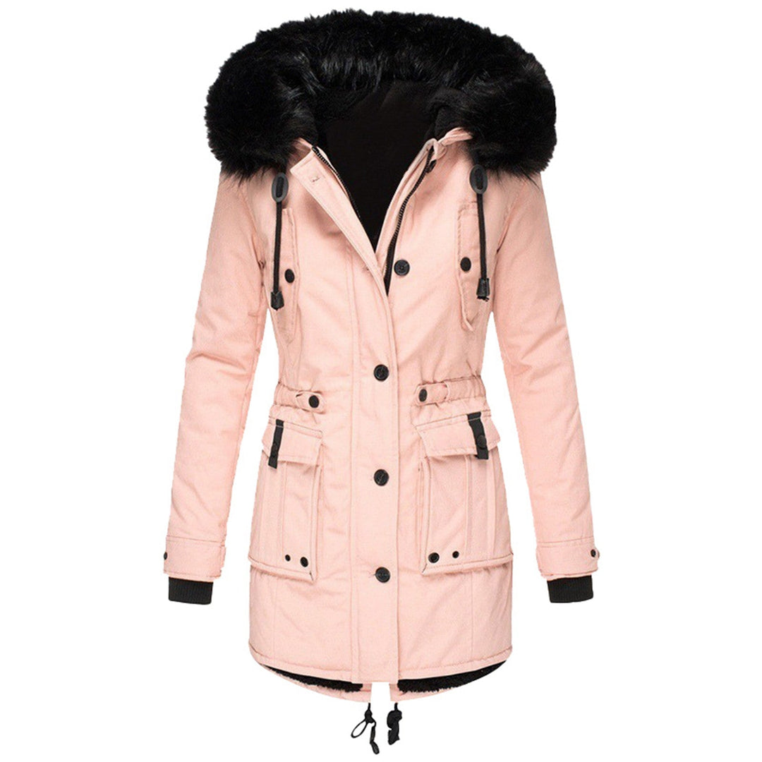 Women's Long Padded Jacket with Fur Hood and Drawcord Hem