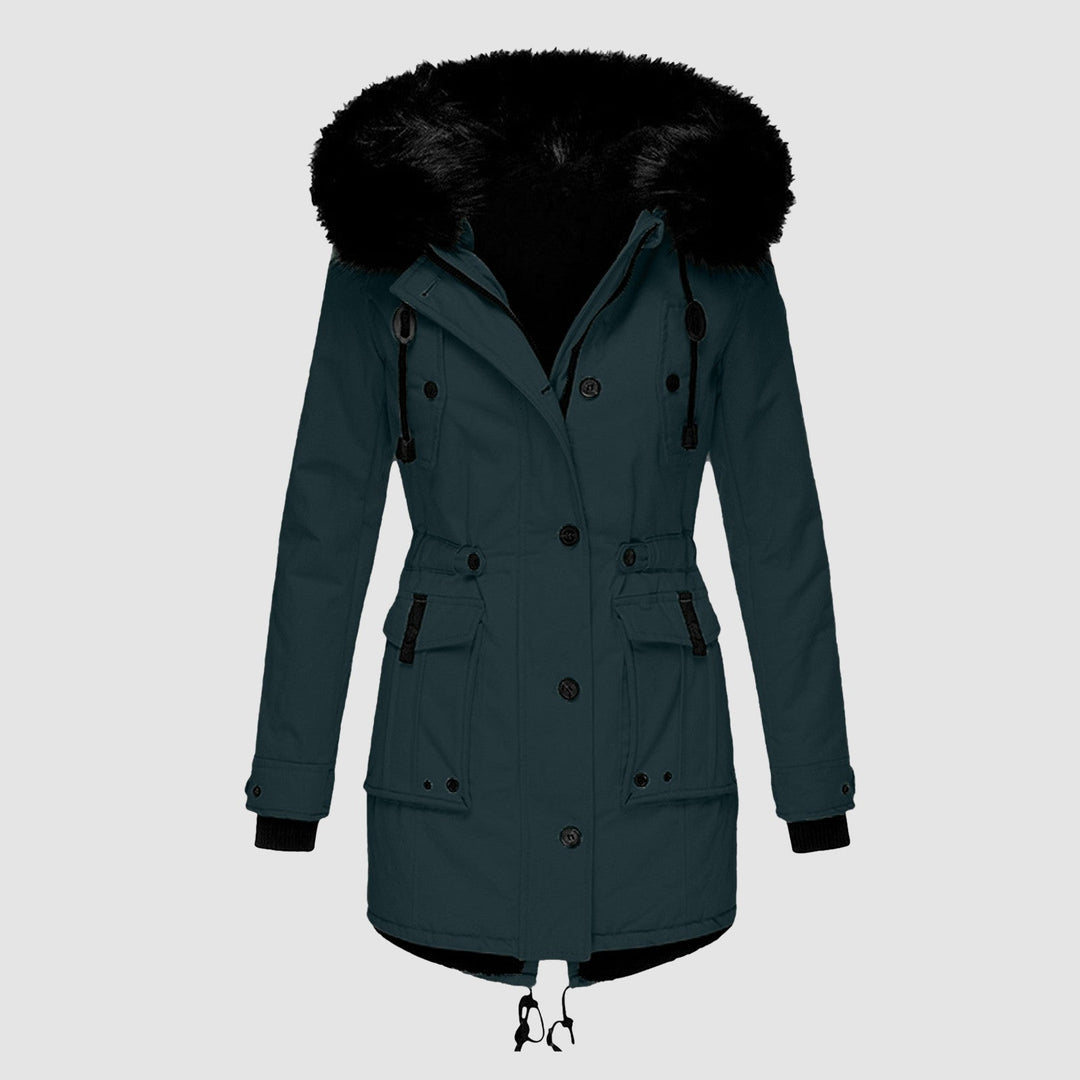 Women's Long Padded Jacket with Fur Hood and Drawcord Hem