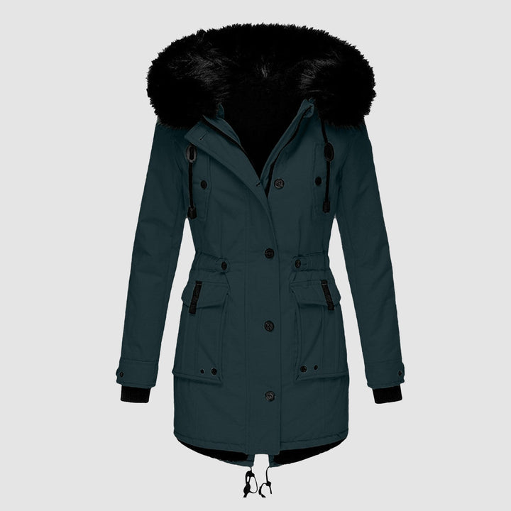 Women's Long Padded Jacket with Fur Hood and Drawcord Hem