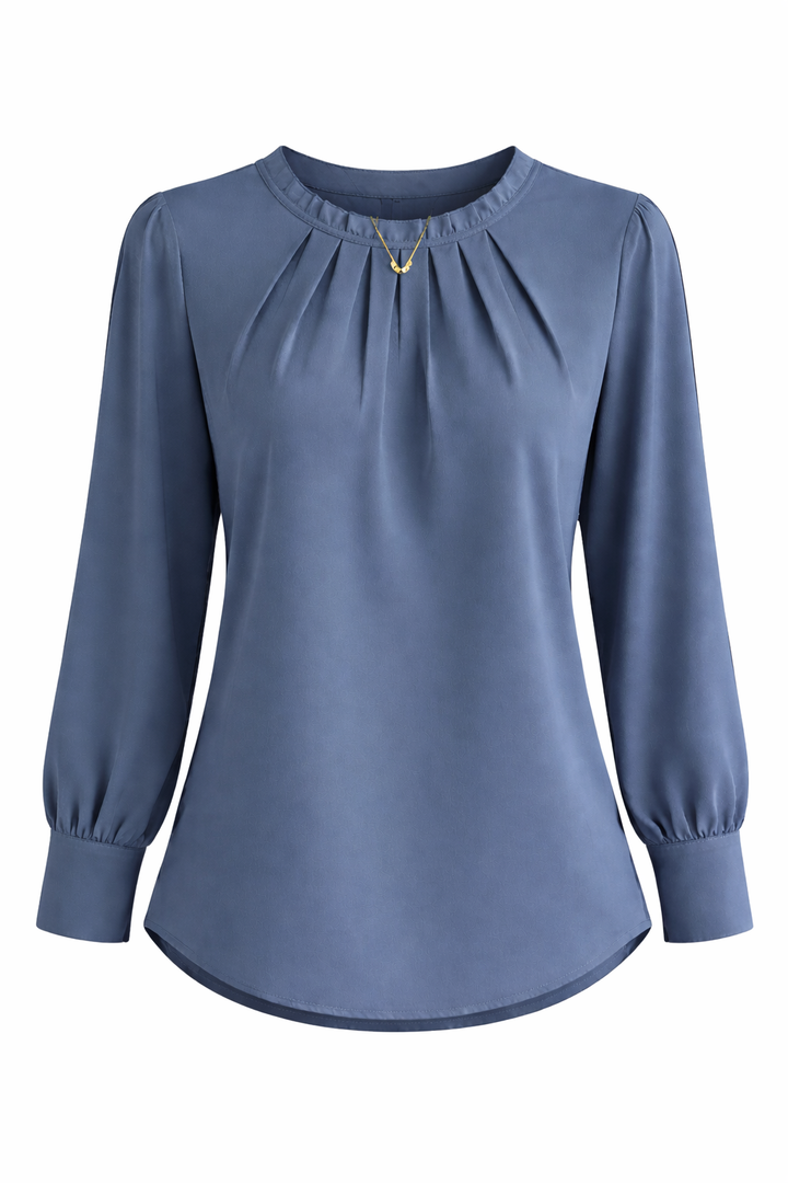 Women's Long Sleeve Blouse with Pleated Round Neck