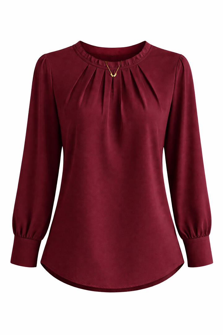 Women's Long Sleeve Blouse with Pleated Round Neck