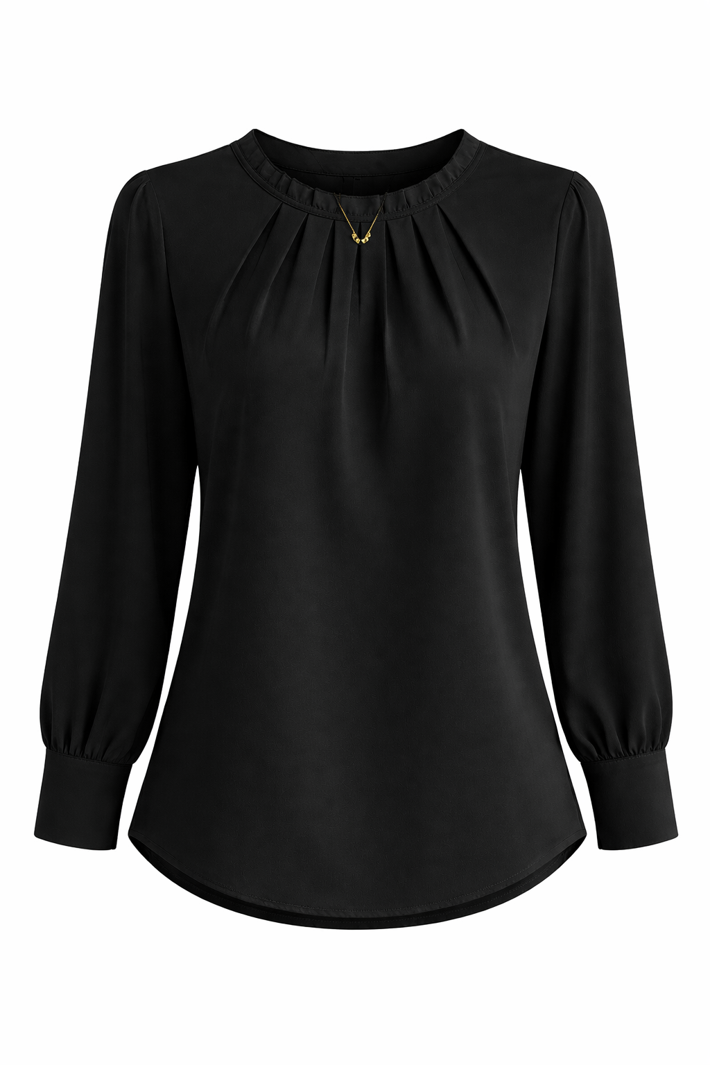 Women's Long Sleeve Blouse with Pleated Round Neck