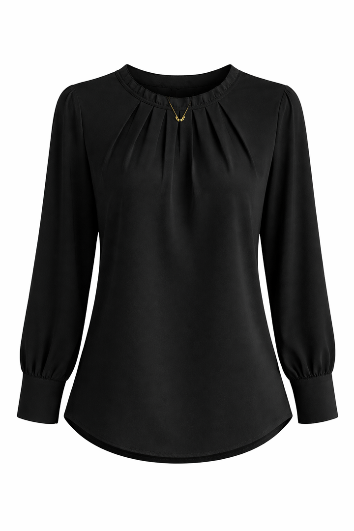 Women's Long Sleeve Blouse with Pleated Round Neck