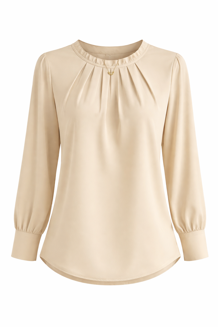 Women's Long Sleeve Blouse with Pleated Round Neck