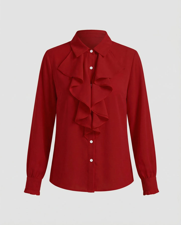 Women's Long Sleeve Blouse with Ruffle Front Detail