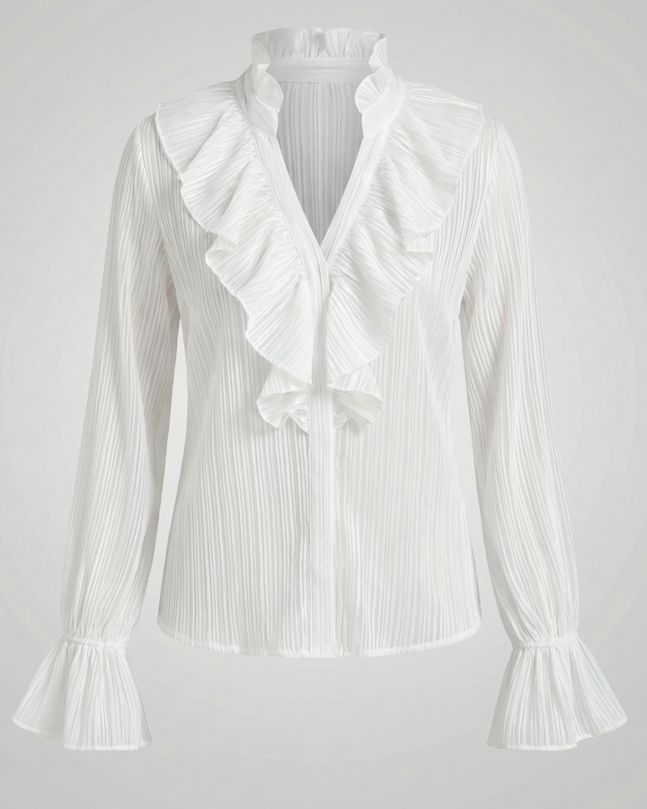 Women's Long Sleeve Blouse with Ruffle Front and Pleated Style