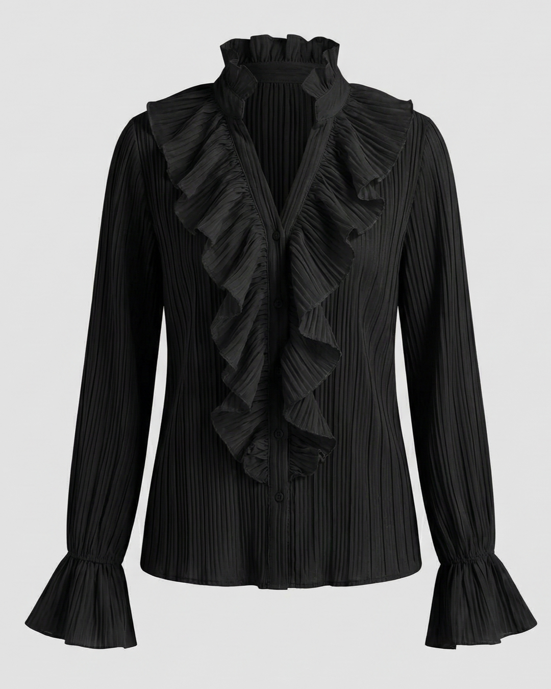 Women's Long Sleeve Blouse with Ruffle Front and Pleated Style