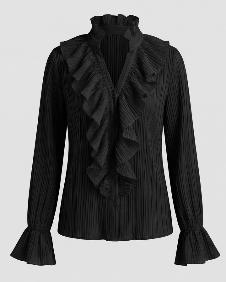 Women's Long Sleeve Blouse with Ruffle Front and Pleated Style