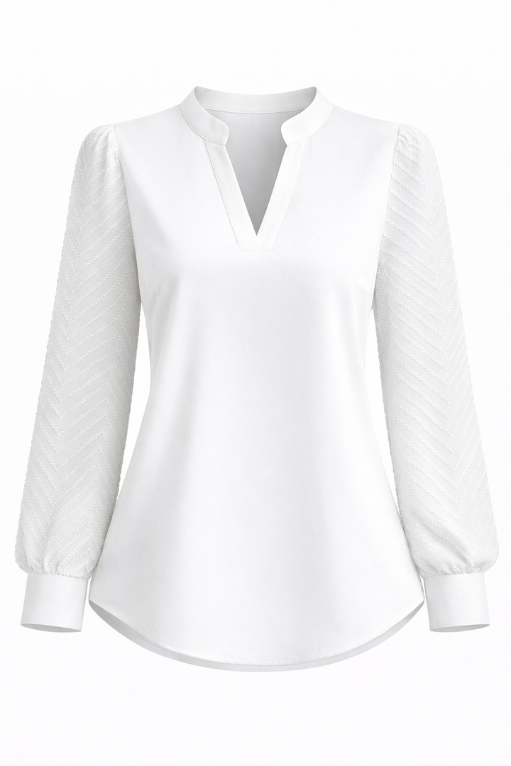 Women's Long Sleeve Blouse with V Neck and Textured Sleeves