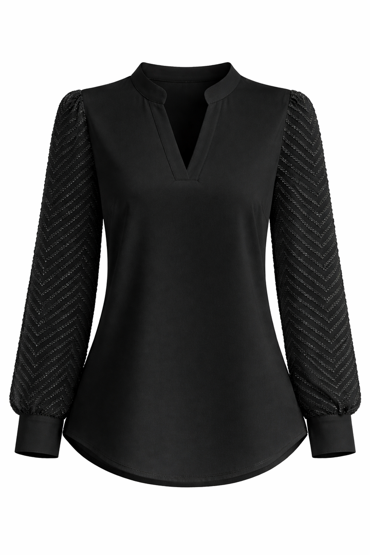 Women's Long Sleeve Blouse with V Neck and Textured Sleeves