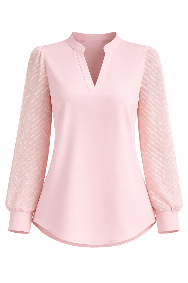 Women's Long Sleeve Blouse with V Neck and Textured Sleeves