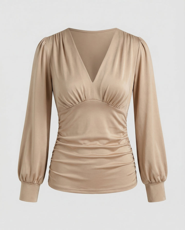 Women's Long Sleeve Blouse with V Neckline and Gathered Waist