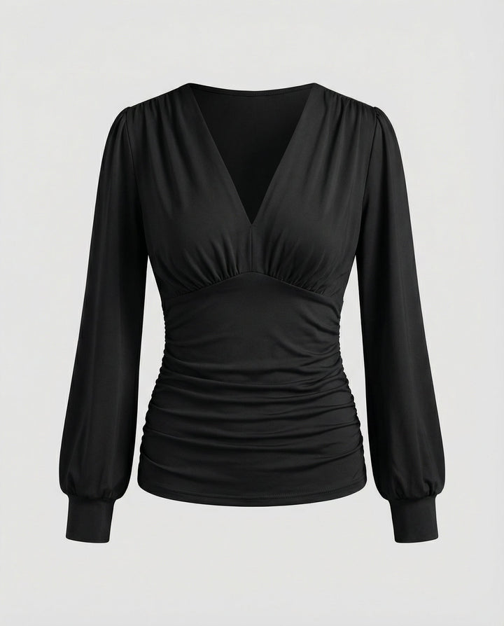 Women's Long Sleeve Blouse with V Neckline and Gathered Waist