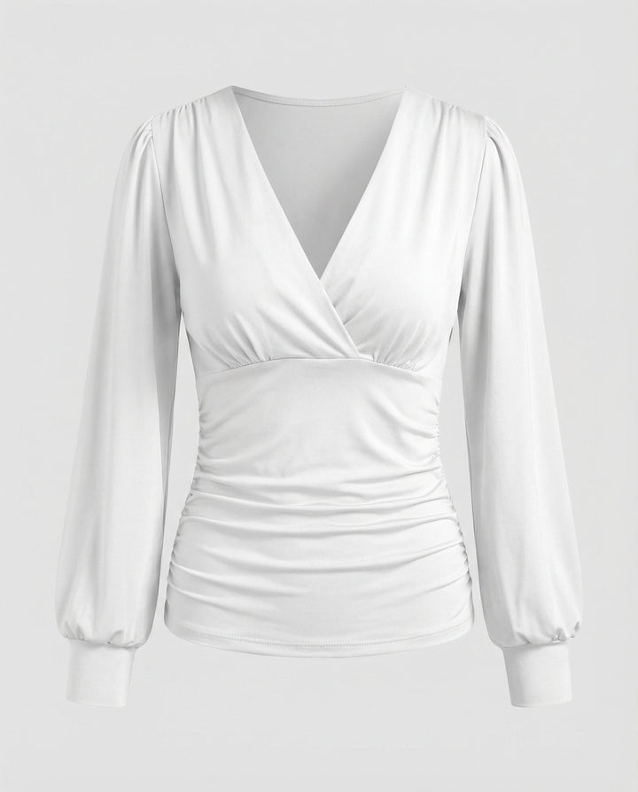 Women's Long Sleeve Blouse with V Neckline and Gathered Waist
