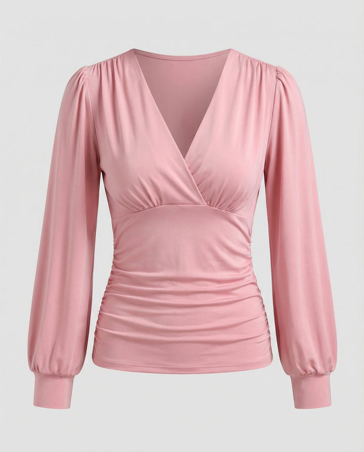 Women's Long Sleeve Blouse with V Neckline and Gathered Waist
