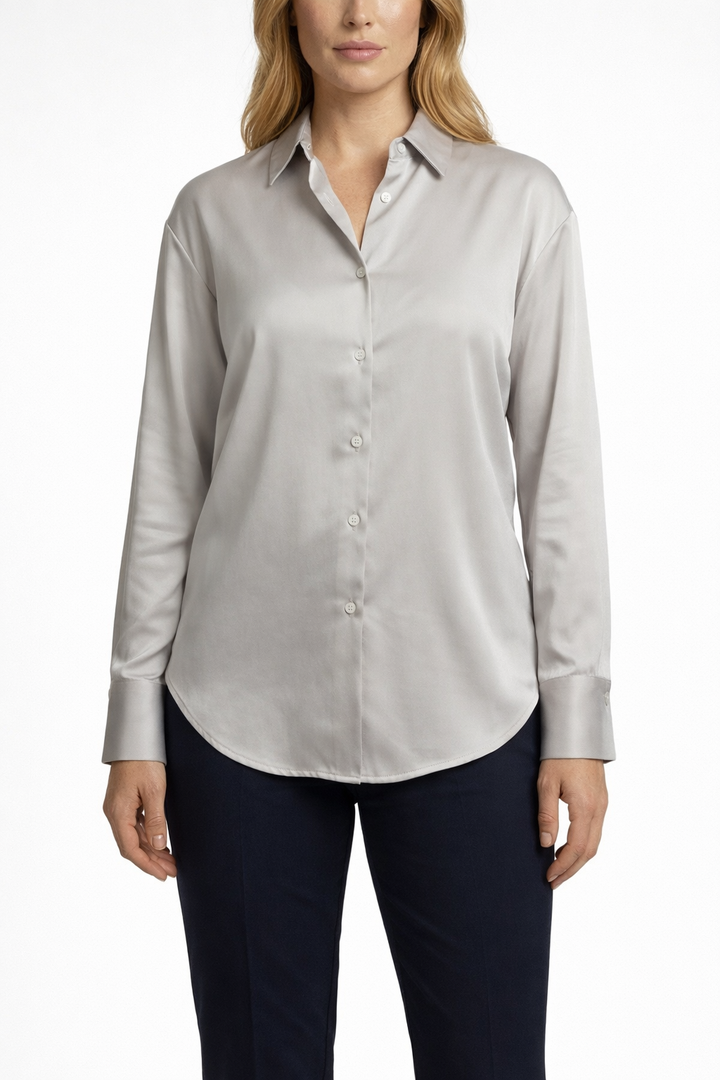 Women's Long Sleeve Button Shirt with Pointed Collar and Curved Hem