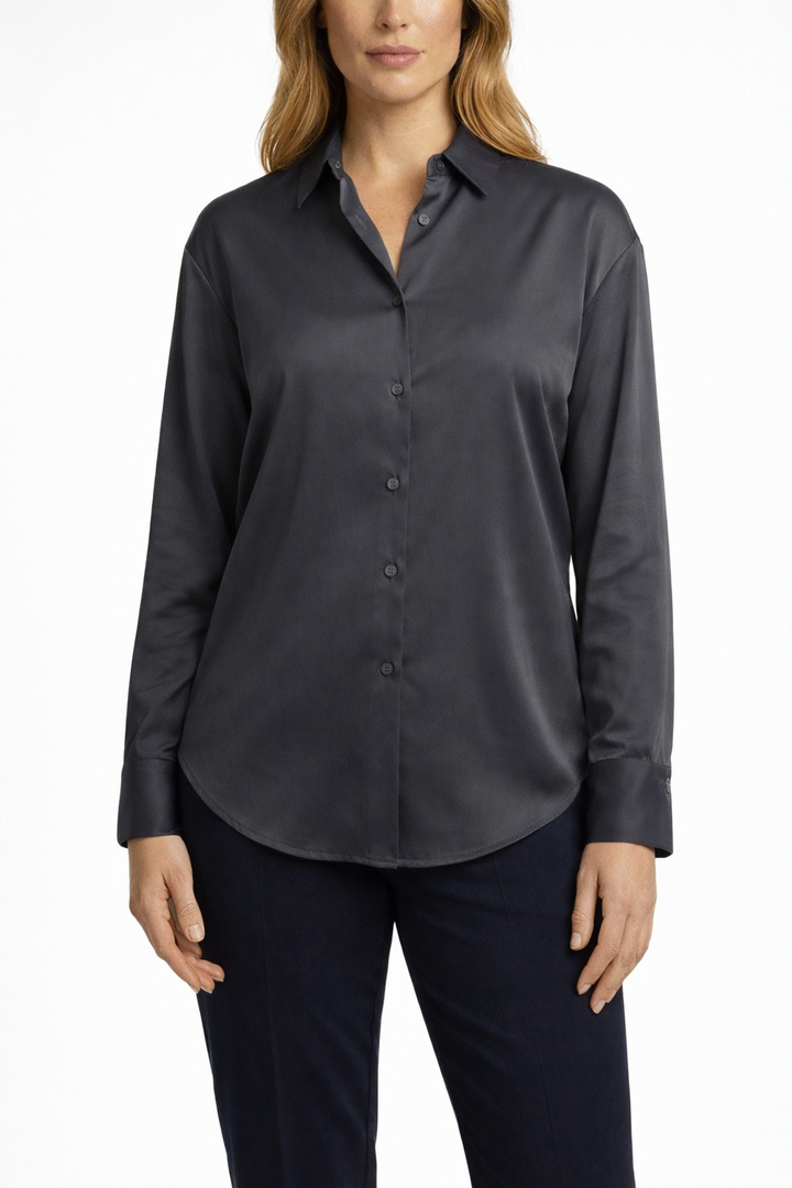 Women's Long Sleeve Button Shirt with Pointed Collar and Curved Hem