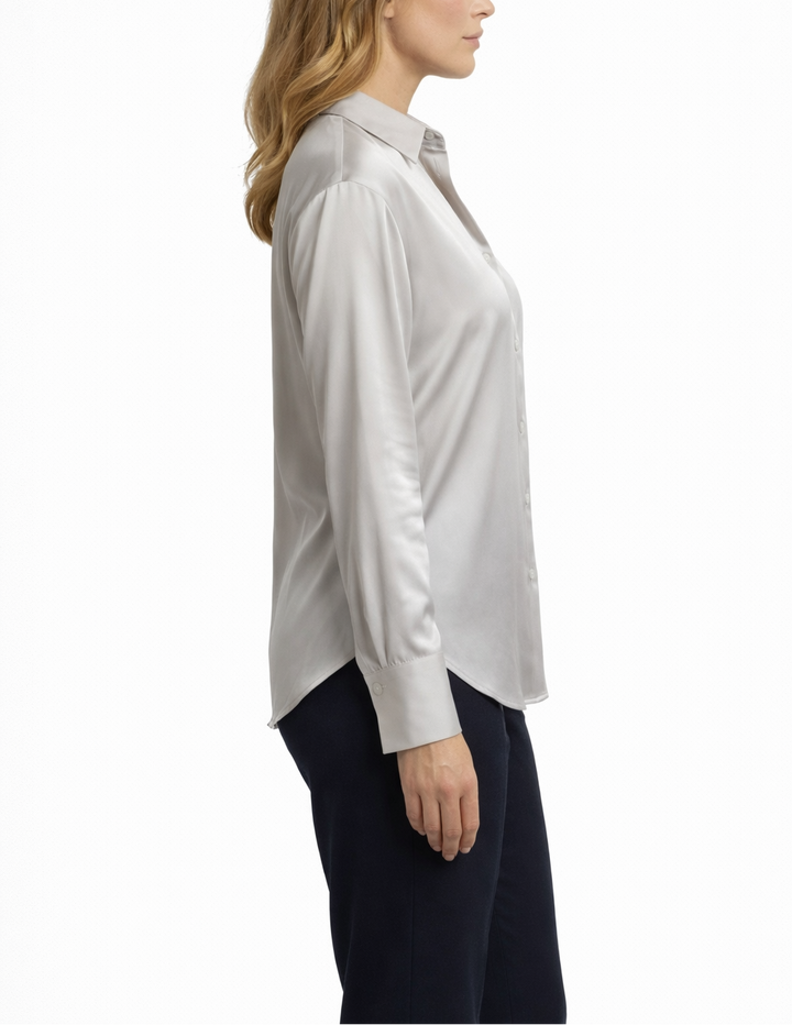 Women's Long Sleeve Button Shirt with Pointed Collar and Curved Hem