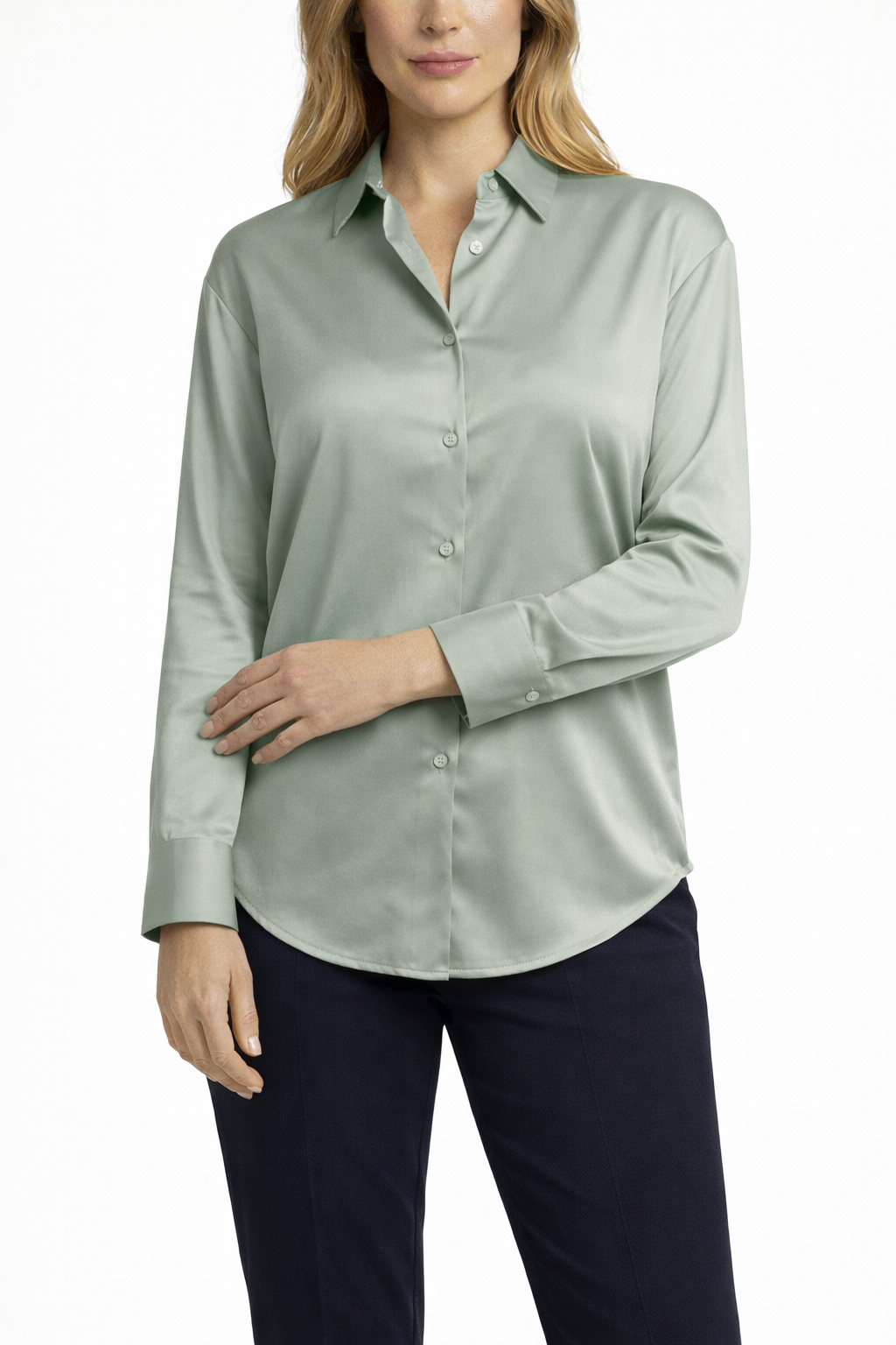 Women's Long Sleeve Button Shirt with Pointed Collar and Curved Hem