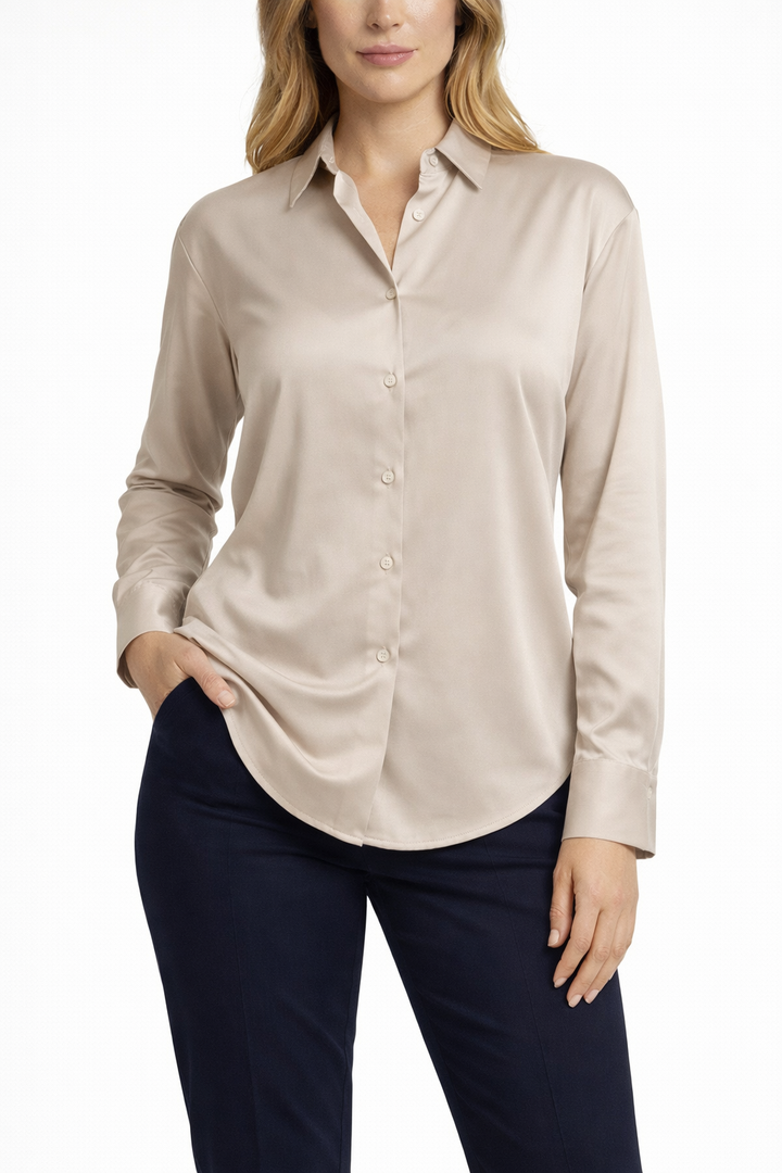 Women's Long Sleeve Button Shirt with Pointed Collar and Curved Hem
