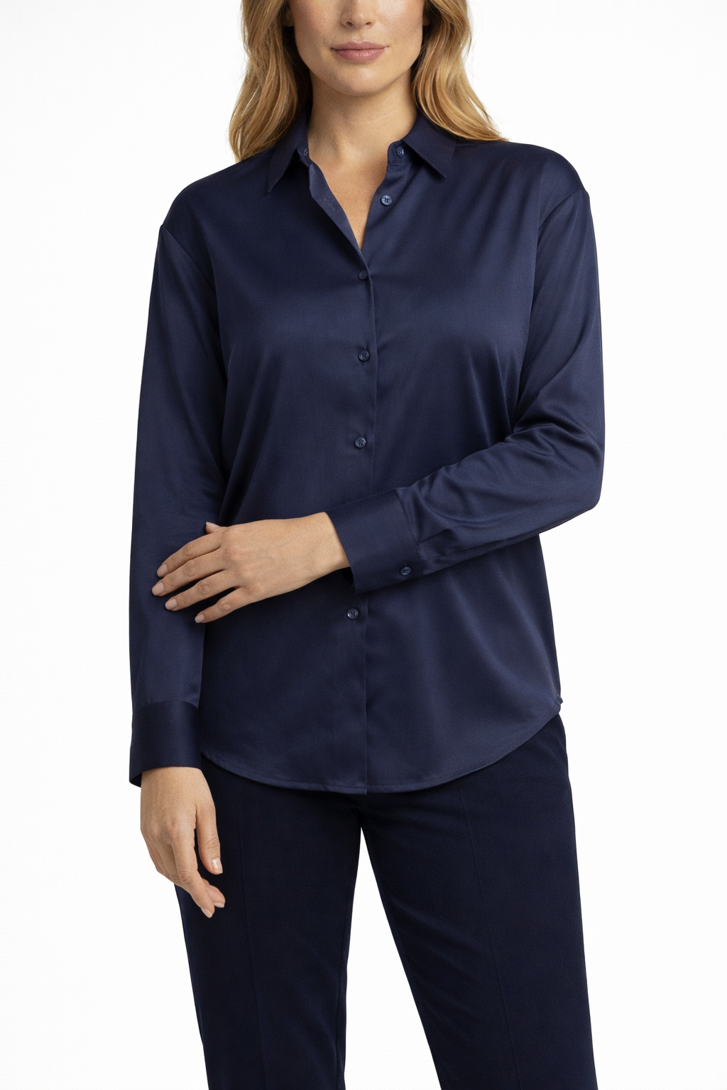Women's Long Sleeve Button Shirt with Pointed Collar and Curved Hem