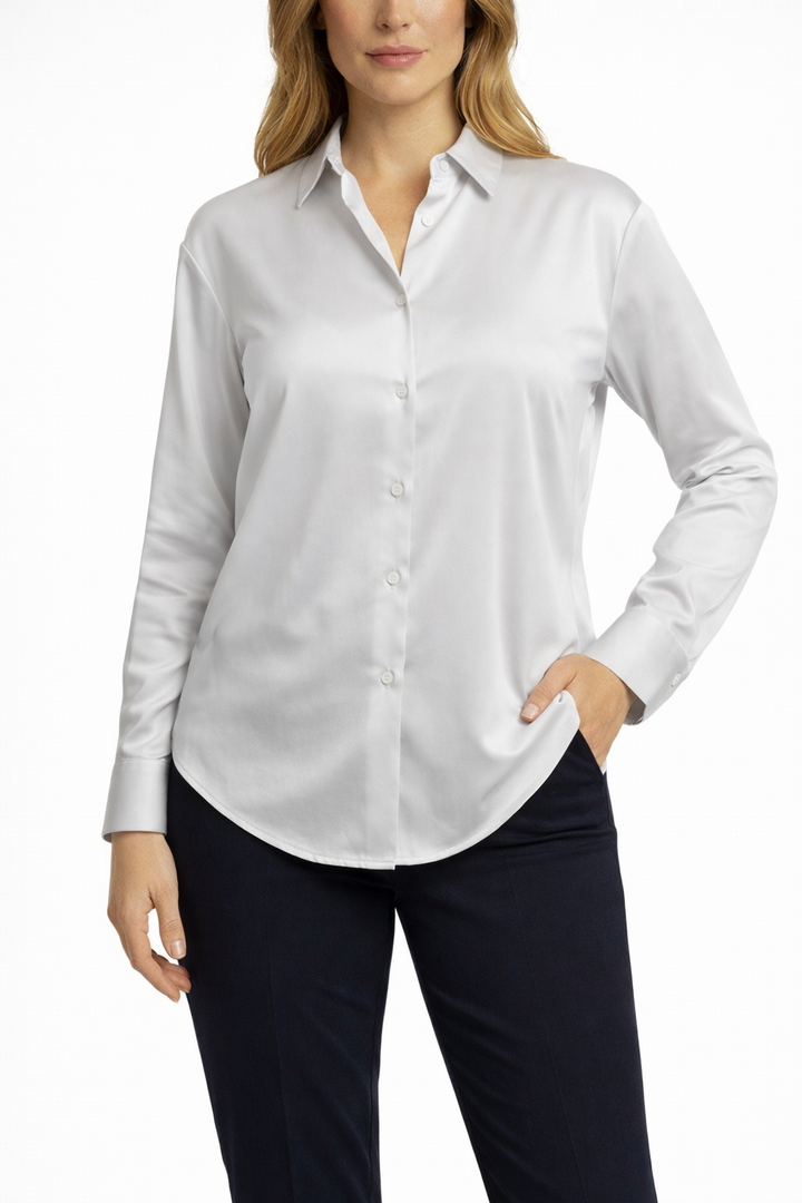 Women's Long Sleeve Button Shirt with Pointed Collar and Curved Hem
