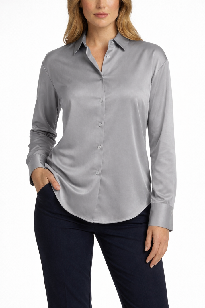 Women's Long Sleeve Button Shirt with Pointed Collar and Curved Hem