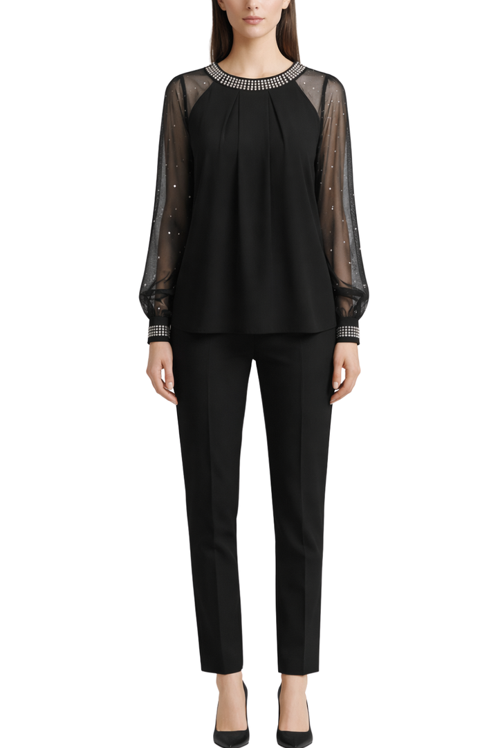 Women's Long Sleeve Mesh Blouse with Decorative Neck Detail