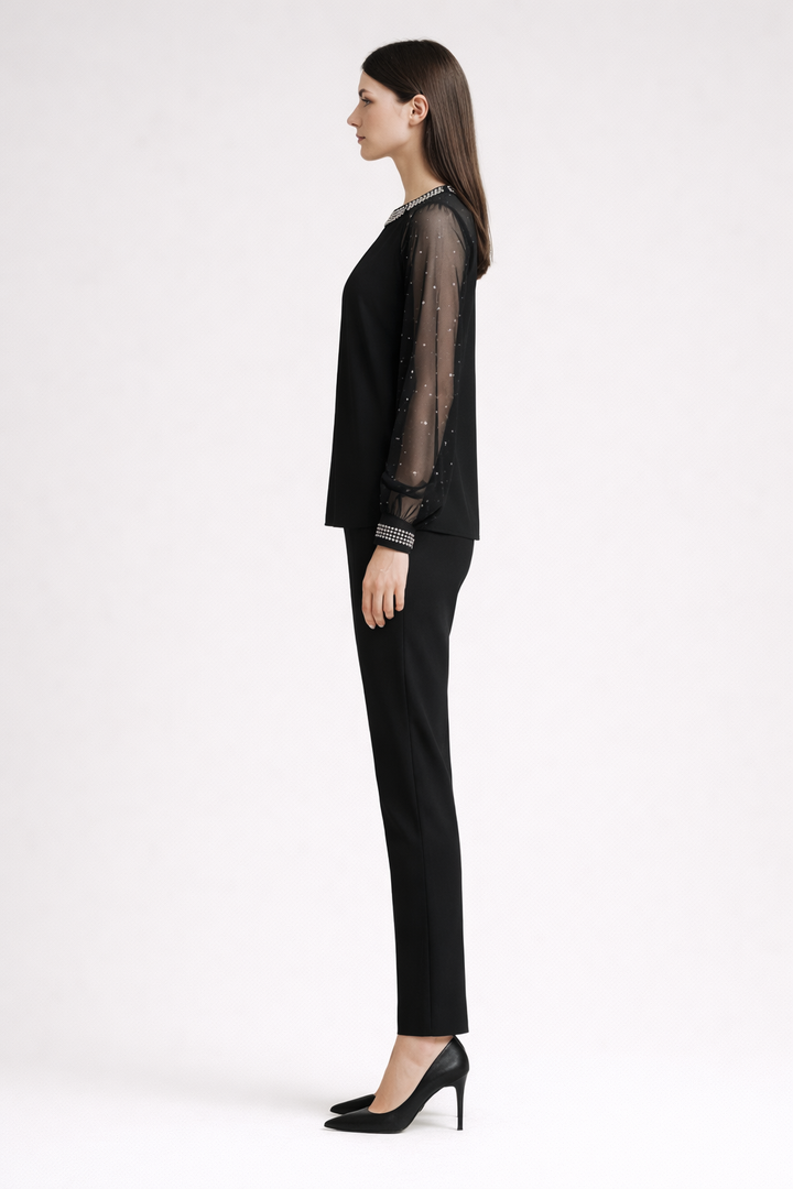 Women's Long Sleeve Mesh Blouse with Decorative Neck Detail