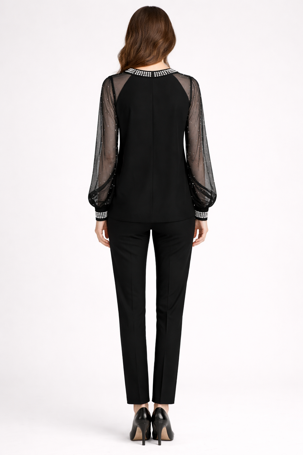 Women's Long Sleeve Mesh Blouse with Decorative Neck Detail
