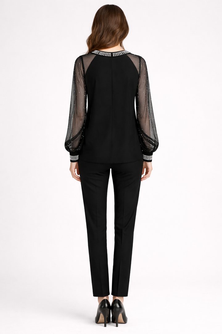 Women's Long Sleeve Mesh Blouse with Decorative Neck Detail