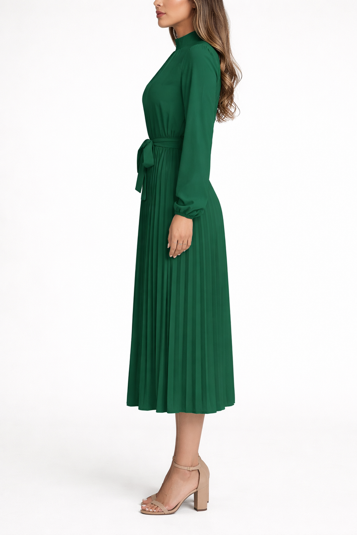 Women's Long Sleeve Pleated Midi Dress with Waist Tie