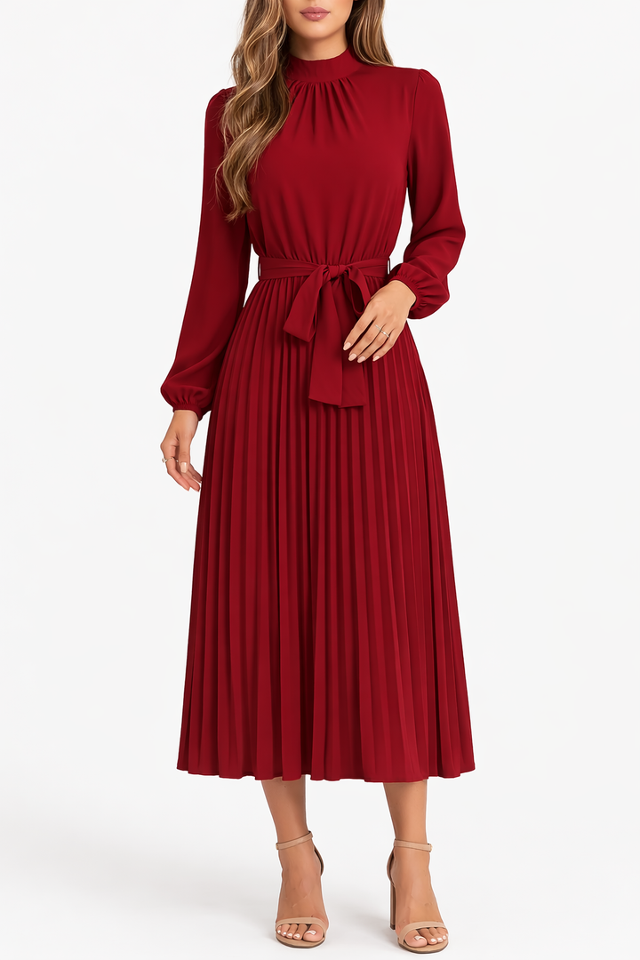 Women's Long Sleeve Pleated Midi Dress with Waist Tie
