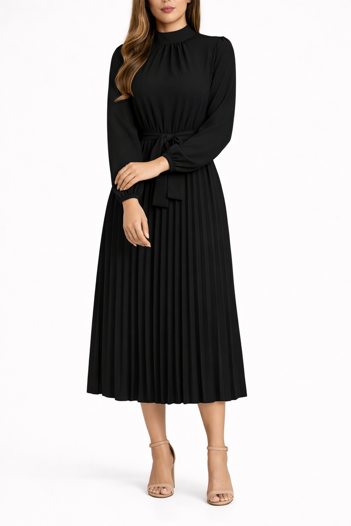 Women's Long Sleeve Pleated Midi Dress with Waist Tie