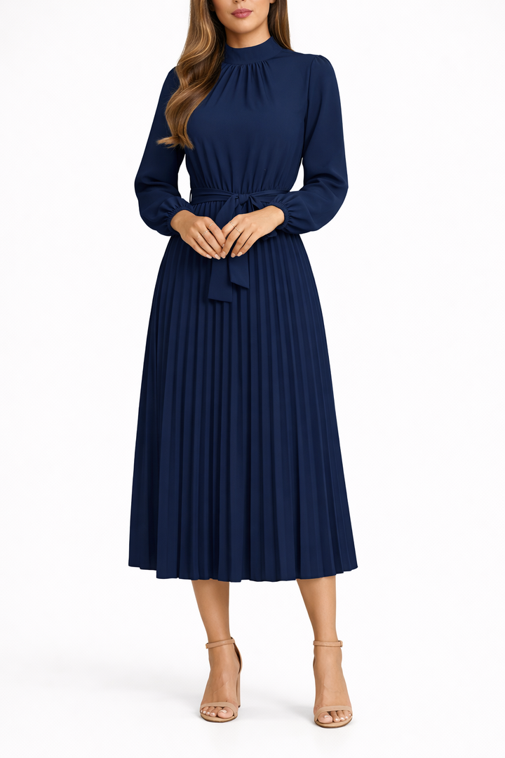 Women's Long Sleeve Pleated Midi Dress with Waist Tie