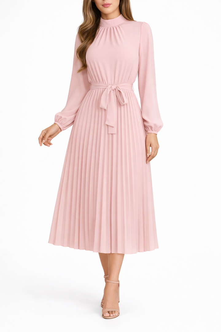 Women's Long Sleeve Pleated Midi Dress with Waist Tie