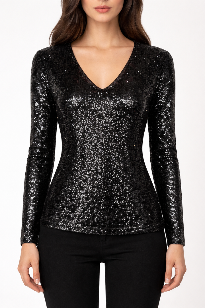Women's Long Sleeve Sequin V Neck Blouse