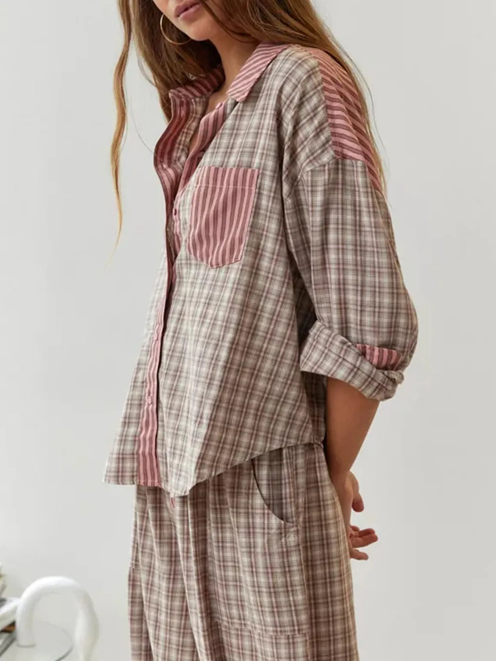 Women’s Long Sleeve Striped Pyjama Set with With Button Front
